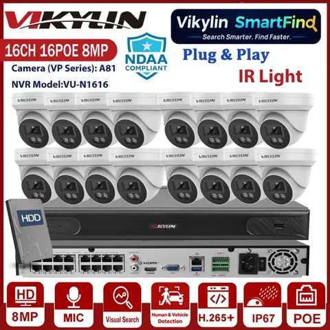 Vikylin Smartfind 16CH 16POE 4K 8MP IR Light Outdoor IP Camera POE Audio NVR Lot