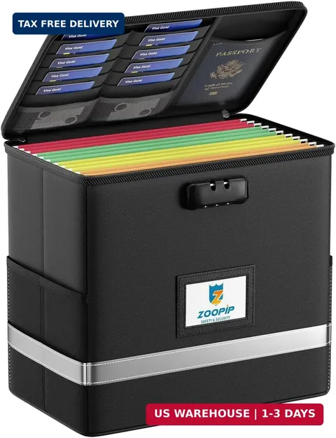 Fireproof File Box with Lock, Collapsible Document Organizer, Black | Suitable f