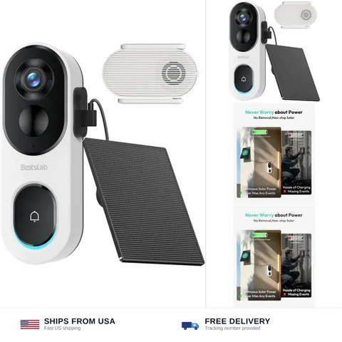 BOTSLAB Solar Powered Doorbell Camera Wireless, No Subscription Required, 2K ...