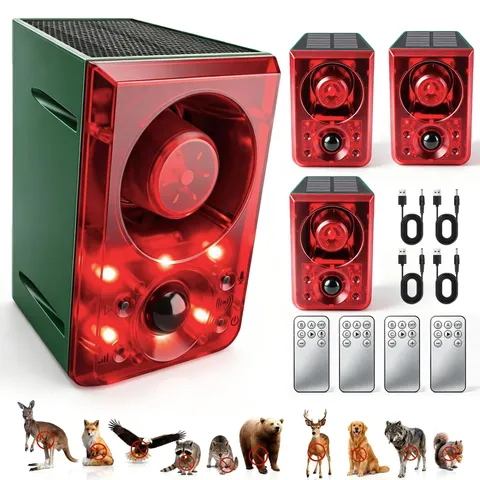 ChunHee Solar Outdoor Motion Sensor Alarm with Dog Barking Gunshot Red-4pack