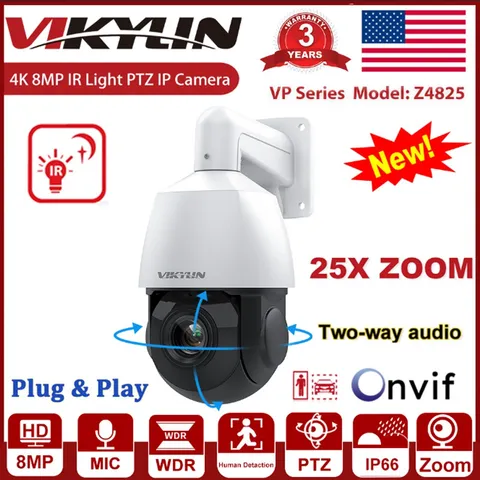 Vikylin 4K 8MP 25X Zoom PoE Security Camera PTZ Auto Tracking Outdoor 2Way Audio
