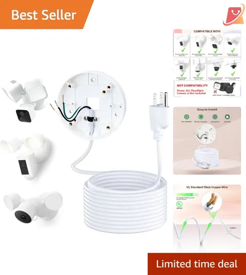 Floodlight Camera Power Cable Mount 20ft Weatherproof Outdoor Indoor Easy Ins...