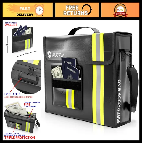 Fireproof Waterproof Document Bag - Lockable 17"x12"x5" - Reflective & Secure Wa