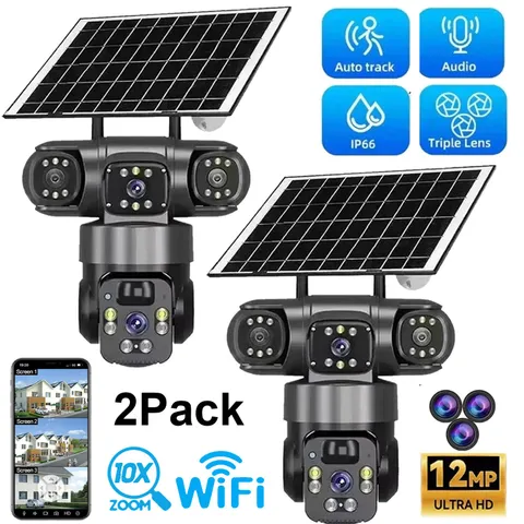 3 Lens 12MP Solar Battery Home Security Camera Outdoor Wifi Wireless PTZ CCTV US