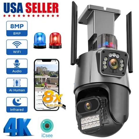 Dual Lens 4K WiFi Security Camera 8X Zoom Outdoor Home Night Vision CCTV PTZ US