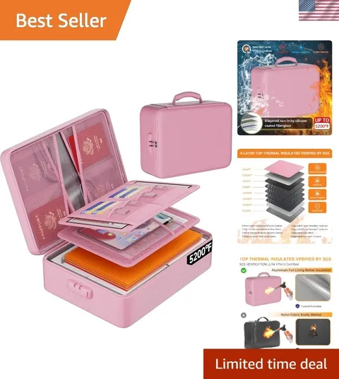 Luxury 5200°F Fireproof Document Organizer with Lock - Stylish Pink, Portable