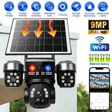 9MP WIFI Solar Camera FHD Security Camera 3 Lens PTZ Outdoor CCTV Night Vision