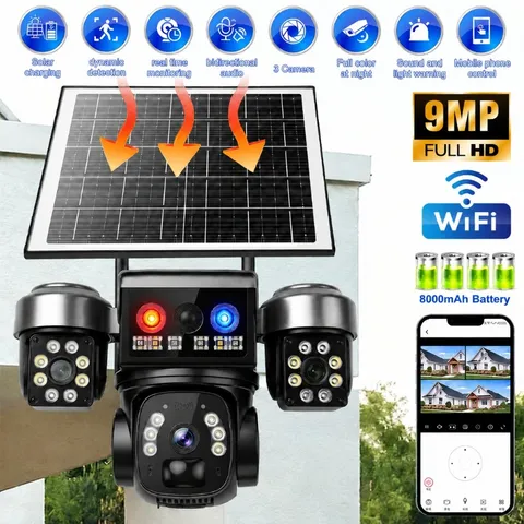 9MP WIFI Solar Camera FHD Security Camera 3 Lens PTZ Outdoor CCTV Night Vision