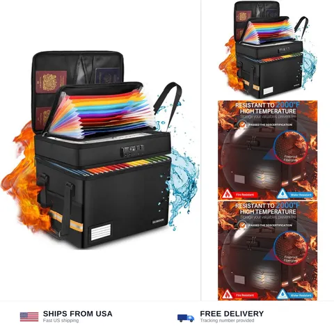 Fireproof Document Box with 13 Pocket Accordian File Folder | Water-Resistant...