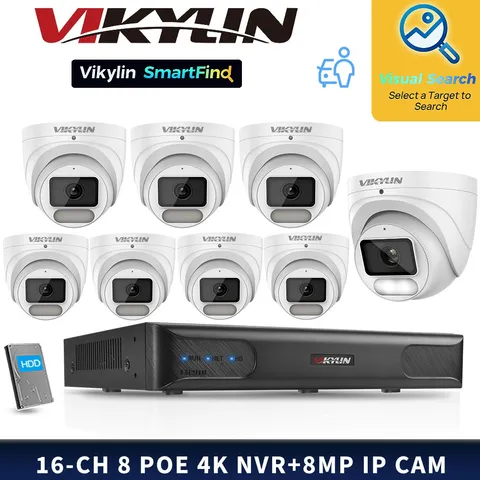 VIKYLIN SmartFind MD 8POE 16CH NVR ISP MIC F1.0 Color 8MP IP Camera Systems Lot