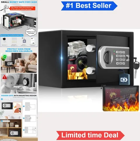 Mini Safe Box 0.3 Cuft Digital Keypad Lock with Fireproof Waterproof Bag for