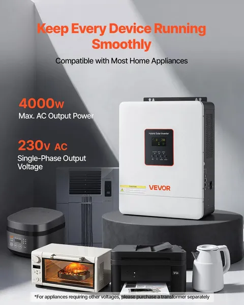 4000W Single-Phase Hybrid Solar Inverter, 24V DC to 230V AC, Pure Sine Wave Powe