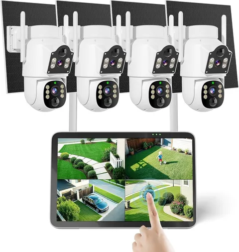 Hiseeu 4MP Solar Security Camera System 4-Cam Kit Dual Lens WiFi 500GB HDD