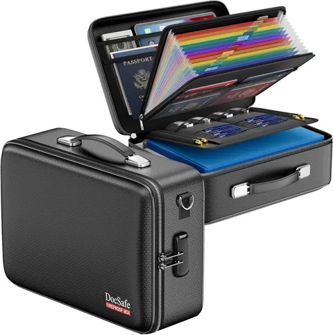 Fireproof Document Box Hard Case with Lock ＆ Accordion File Folder| Fire & Water