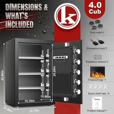 4.0 Cub Large Safe Box with 9 Locking Bolts, Fireproof Waterproof Bag & 3 Shelf