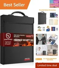 6400℉ Fireproof Document Bag with Lid, 15.4"x11.4"x1.77" Fireproof Waterproof...