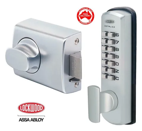LOCKWOOD Digital Keyless Lock Satin Chrome Lock-0021KDXSC- Push Button-Free Post