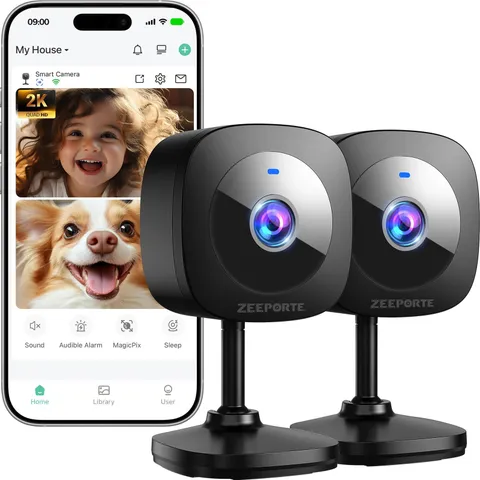 ZEEPORTE 2K Indoor Cameras for Home Security - Baby Monitor and 2-Pack, Black