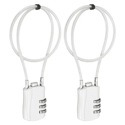 3-Digit Combination Padlock with Coated Steel Wire Rope (15.8", White) (2Pcs)