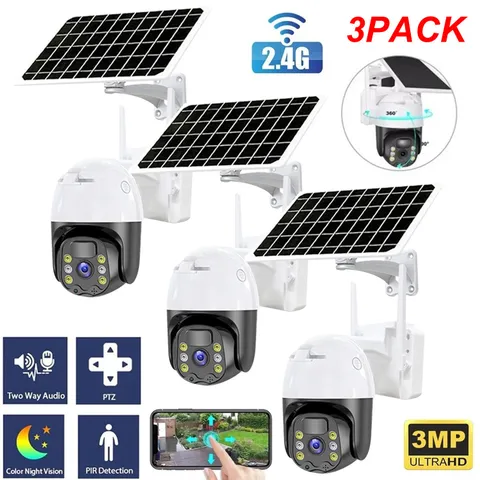 3 Pack WiFi6 Solar Battery Powered Wireless Security Camera Sys Outdoor 3MP PTZ